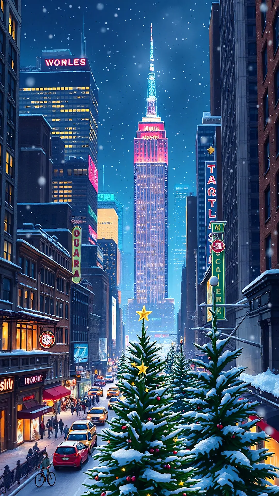 Snowy NYC Street with Empire State Christmas Tree - Free 4K mobile Wallpaper