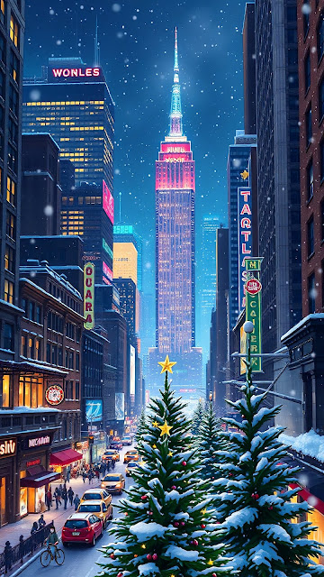 Snowy NYC Street with Empire State Christmas Tree - Free mobile Wallpaper