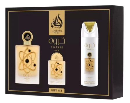 ESTUCHE LATTAFA PRIDE THARWAH GOLD UNISEX 3PZS 100ML EDP + 20ML EDP + SPLASH