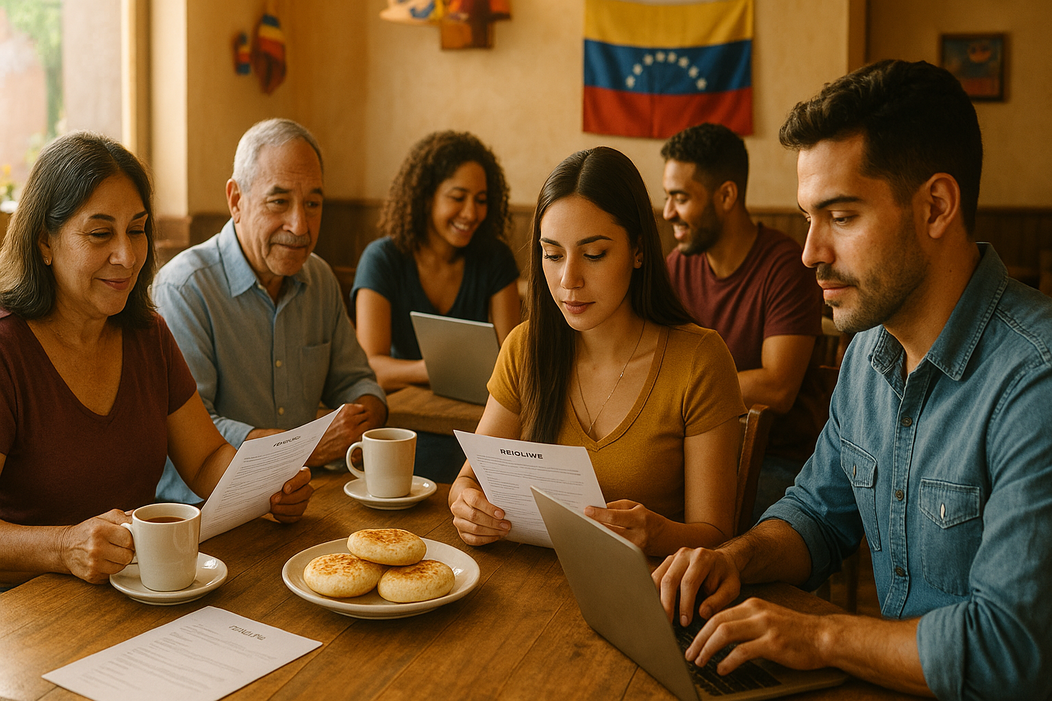 Venezolanos reunidos en una arepera actuando como coworking comunitario