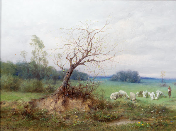 Flock Of Sheep With Shepherd In An Open Landscape