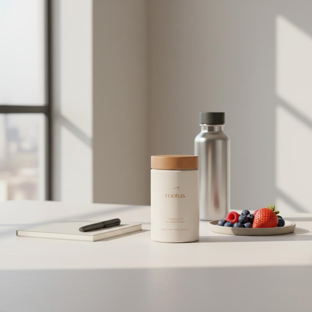 Motus supplement container on a tidy kitchen counter beside a notebook, pen, berries and reusable water bottle on a soft #F2E5D5 background — over the counter weight loss pills