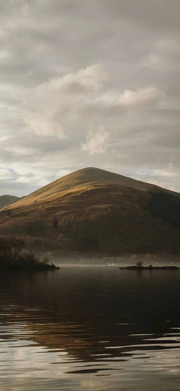 Misty Hillside Reflected In Water - Moody Landscape Photography 4K iPhone Wallpaper (2676x5797)
