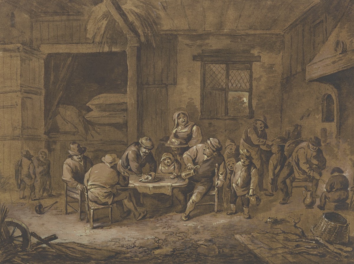 Inneres einer Schenke mit zechenden Bauern einer Magd und Kindern 1777