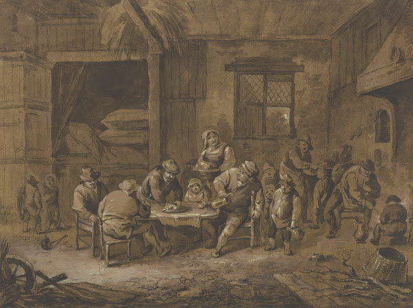 Inneres einer Schenke mit zechenden Bauern einer Magd und Kindern 1777