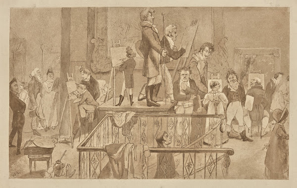 Artists painting in an exhibition of paintings at the British Institution 1884