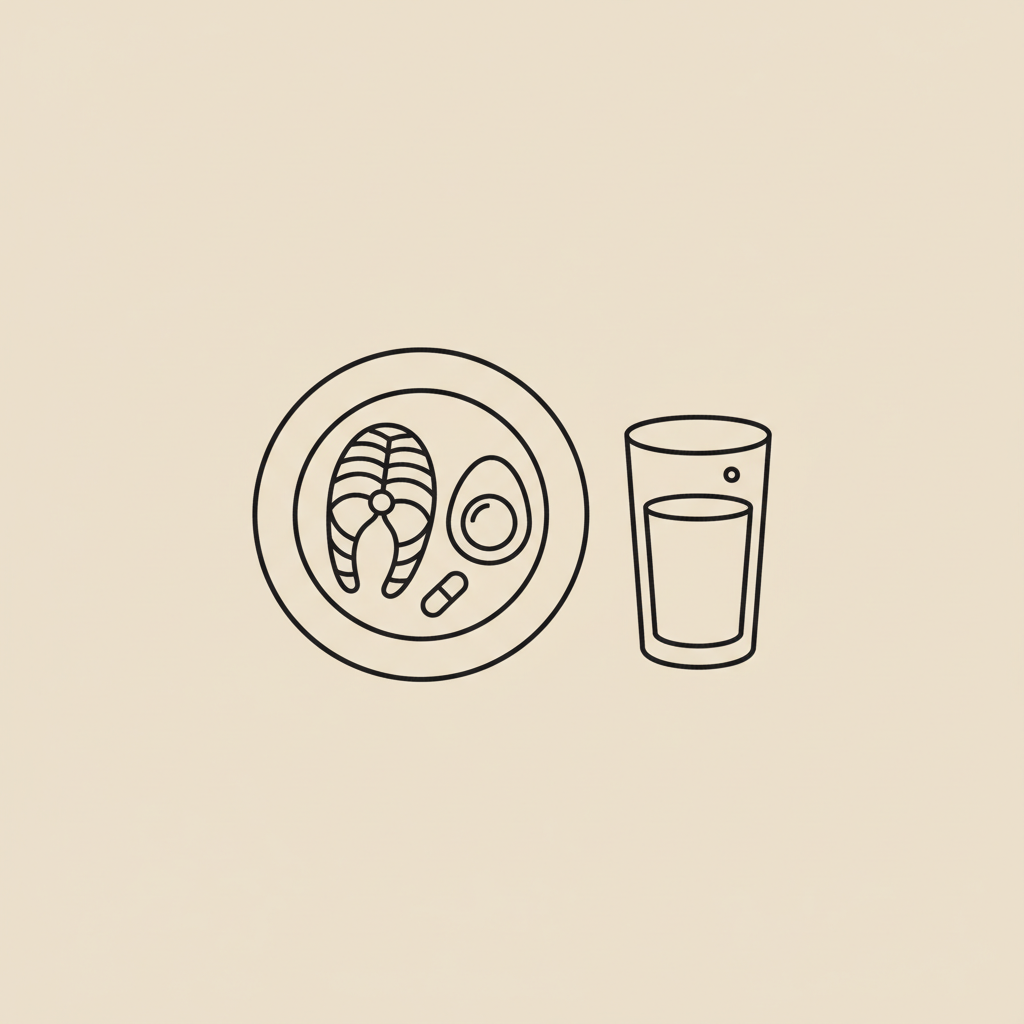 Minimalist Tonum-style line illustration of a plate with fish, egg, capsule and water glass on beige background, representing best protein for belly fat loss.