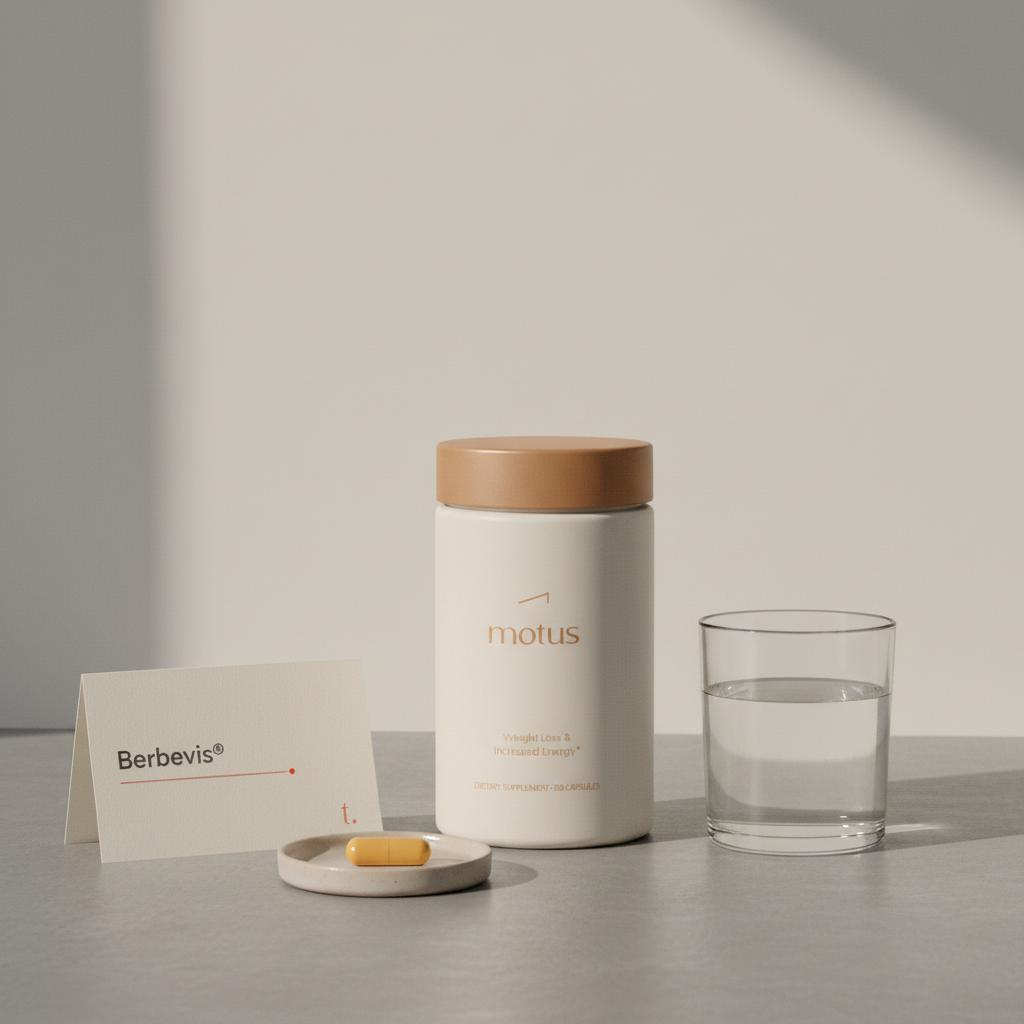 Tonum Motus bottle on cool gray counter beside an open ingredient card showing 'Berbevis®' and a glass of water in a minimalist scene illustrating berberine side effects.