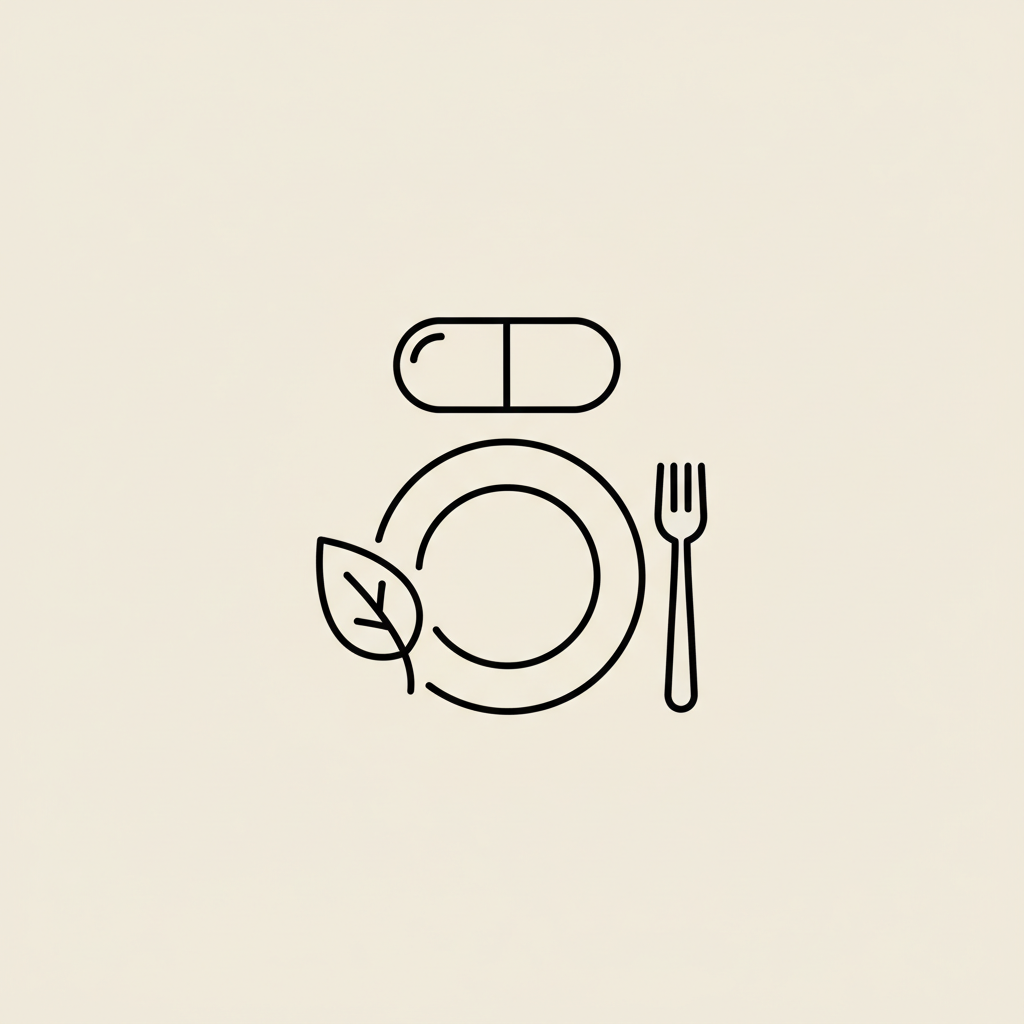 Minimal Tonum-style vector illustration of a capsule, plate with fork, and small leaf on beige background for an article about best fat burning pills