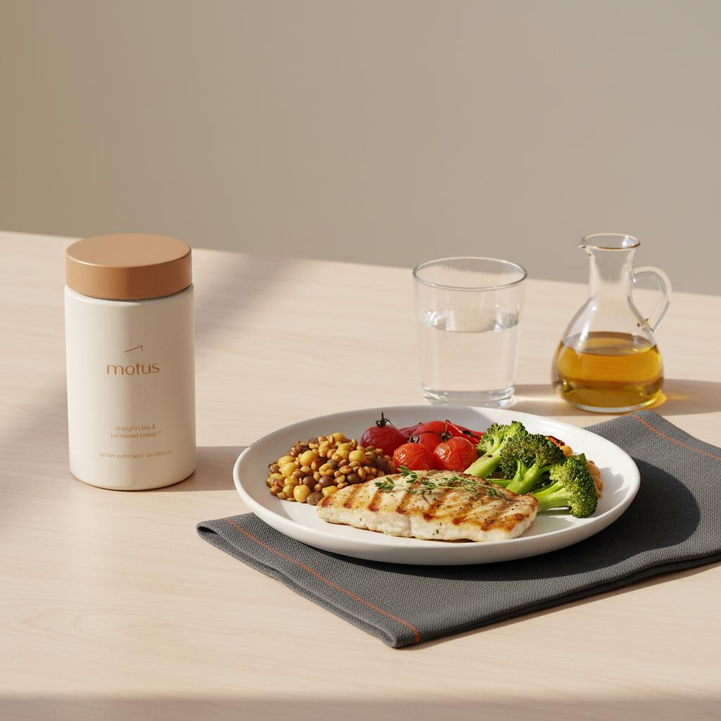 Tonum Motus bottle beside a Mediterranean plate of grilled fish, legumes and colorful vegetables on a tidy dining table illustrating how to naturally lower blood glucose.