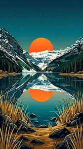 Stylized Illustration of a Sunset Over a Snowy Forest Lake