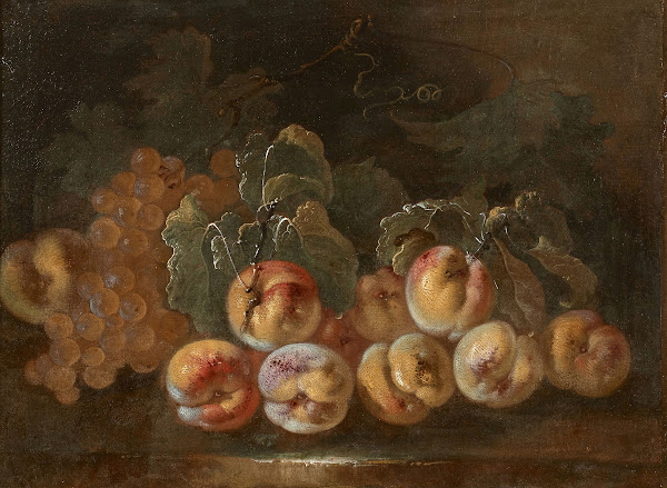 Pêches et raisins sur un entablement