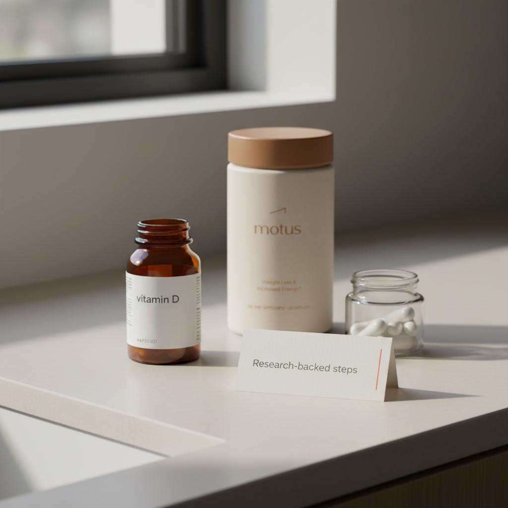 Minimalist countertop scene with Tonum supplement container, amber vitamin D bottle, open magnesium capsules jar and a small 'Research-backed steps' card in soft natural light — best vitamin to lower blood sugar