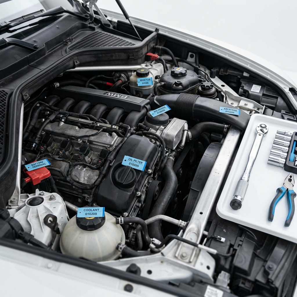 Close up of a used bmw x5 engine bay with modern engine layout labeled inspection points and mechanic tools on a clean white background