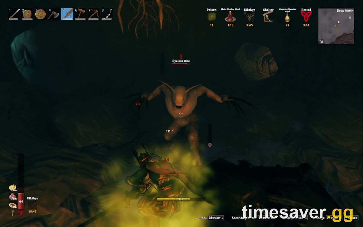 An Eyeless One enemy with a red health bar inside the Winding Tunnels dungeon in the Valheim Deep North