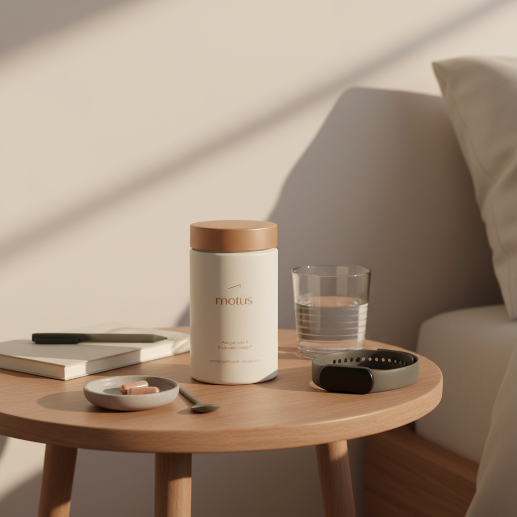 Minimalist bedside lifestyle photo of Tonum Motus supplement jar on a bedside table with glass of water, fitness tracker, journal, and spoonful of capsules, representing OTC weight loss supplements.