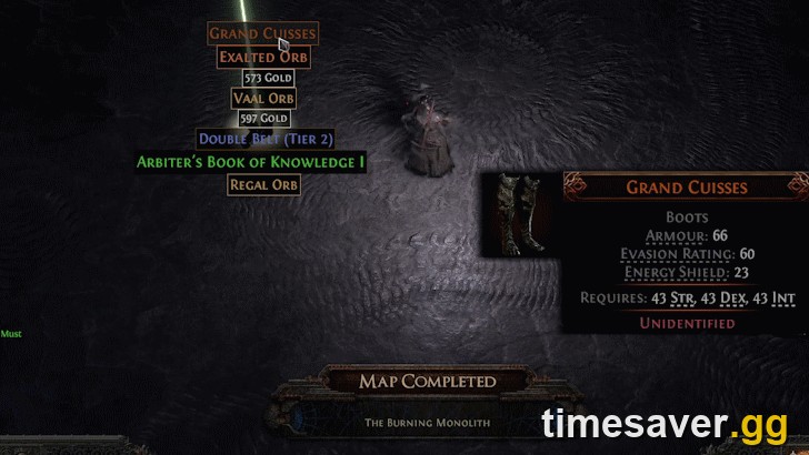 Path of Exile 2 Map Completed screen showing dropped currency orbs and an unidentified Grand Cuisses item