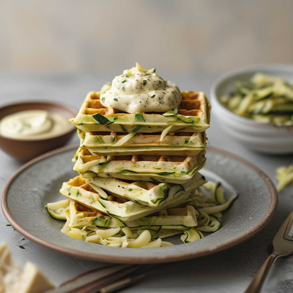 Final Crispy Zucchini Parmesan Waffles with Garlic Aioli Dip