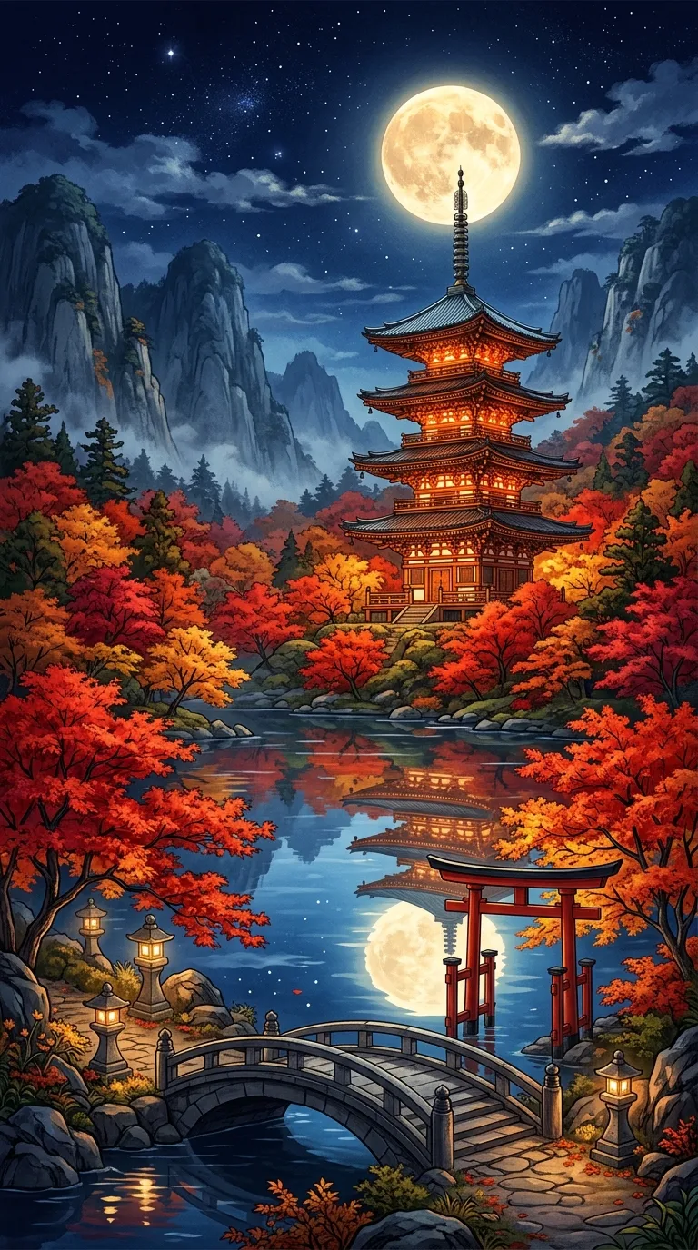 Traditional Japanese Pagoda under Full Moon in Autumn Art - Free 8K and 4K mobile Wallpaper Background