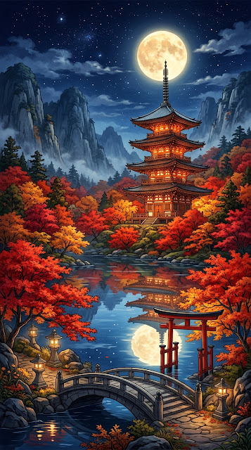 Traditional Japanese Pagoda under Full Moon in Autumn Art - Free mobile Wallpaper