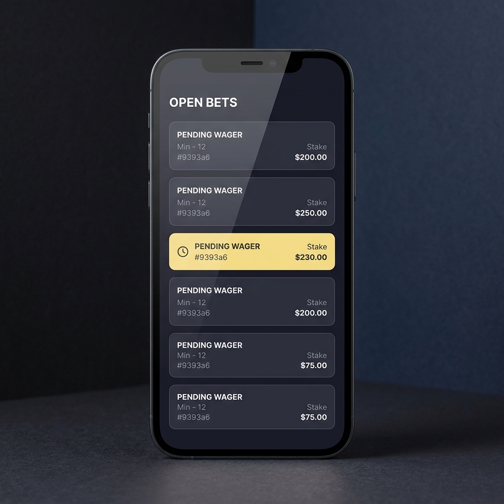 Close up smartphone showing an open bets list with a highlighted pending wager in accent color on a dark minimalist Funded Plays style background for best horse racing wagering sites