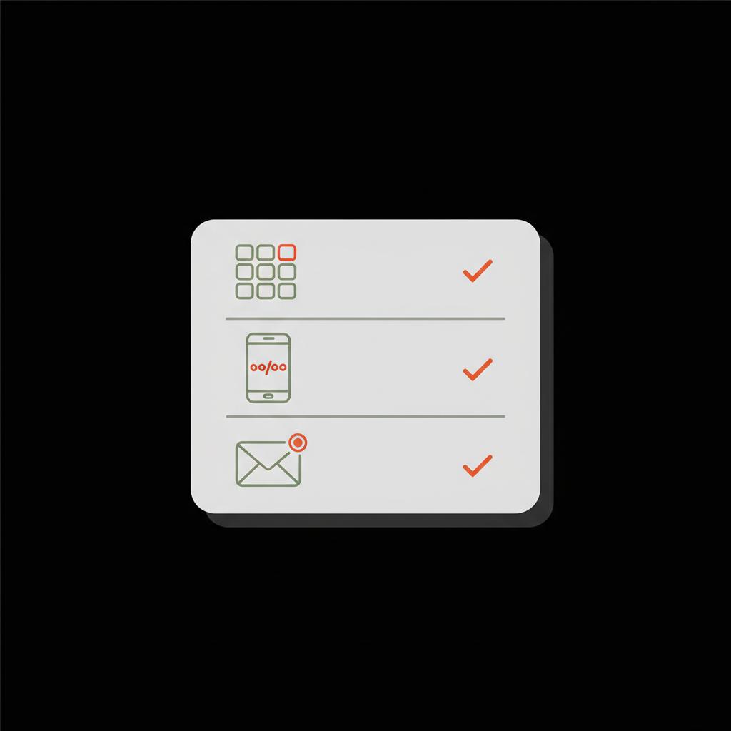 Minimal 2D vector checklist showing backup codes, authenticator app, and recovery email icons on a solid black background for Google account recovery
