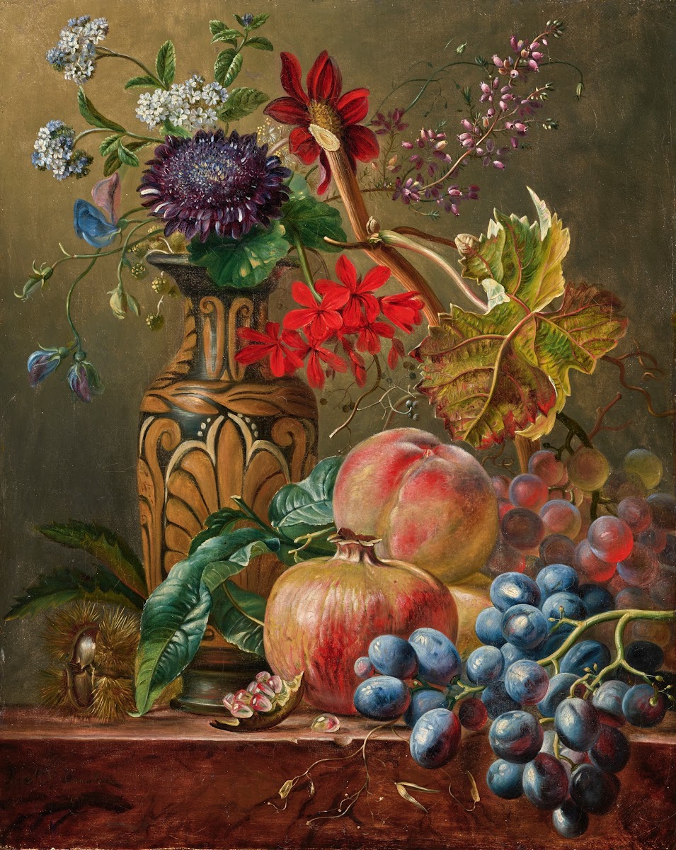 Still life with flowers fruit and Neo Greek vase 19th century