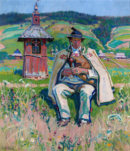 Highlander with a bandura against landscape