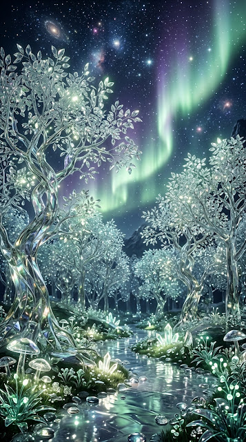 Fantastical Forest with Shimmering Glass Trees and Aurora Sky - Free mobile Wallpaper