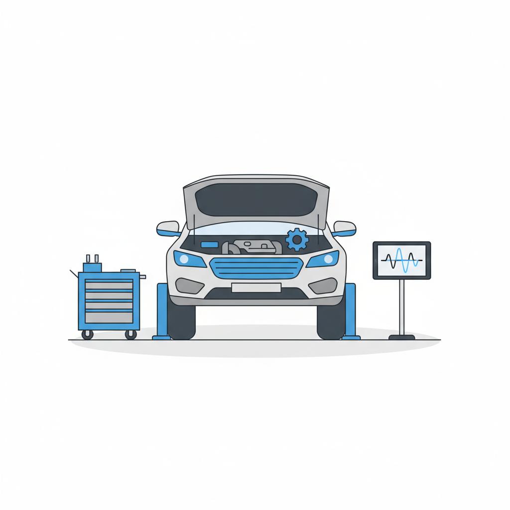 Minimalist 2D vector of a generic SUV on a service ramp in a bright white garage with diagnostic tablet and open hood conveying a transmission inspection ford explorer for sale near me