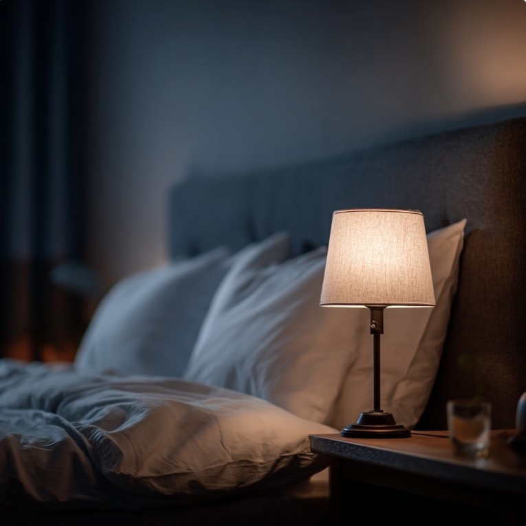 정돈된 침실과 은은한 조명