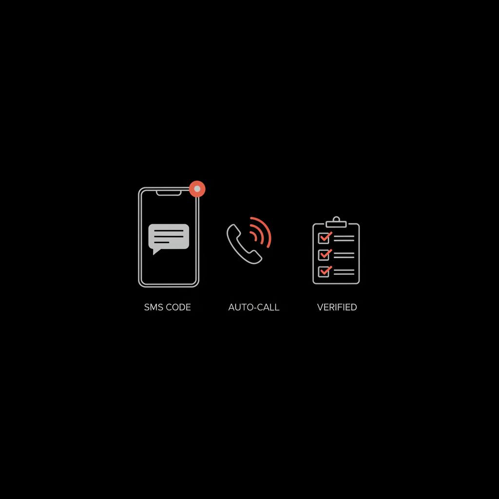 Minimal vector infographic of a phone receiving SMS and an automated voice call plus a checklist icon representing WhatsApp verification, dark background and orange accents