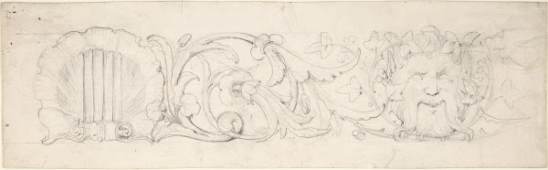 Design for Ornamental Frieze with Shell Foliage and Satyrs Head 180540