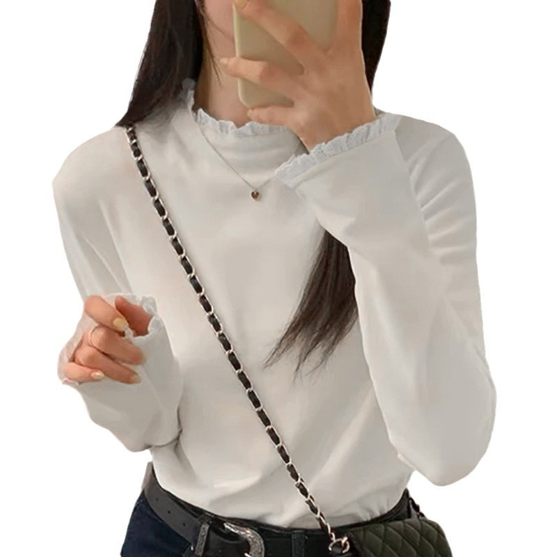 Women's base layer shirt with lace trim and stand-up collar