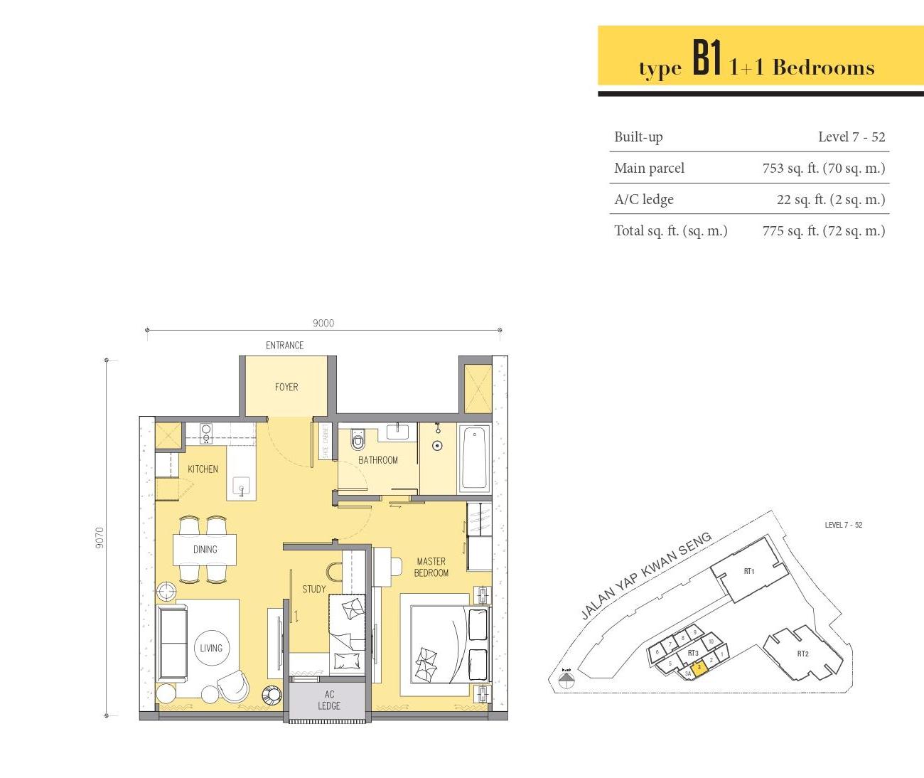 Type B1 floor plan, 775 sqft