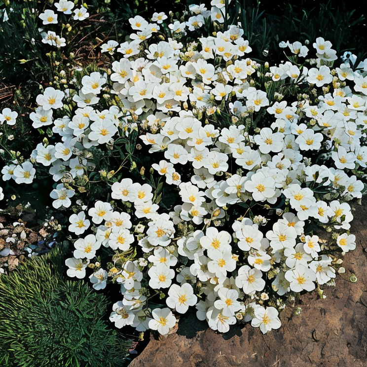 Arenaria montana in piena fioritura, tappeto di fiori bianchi in giardino roccioso.