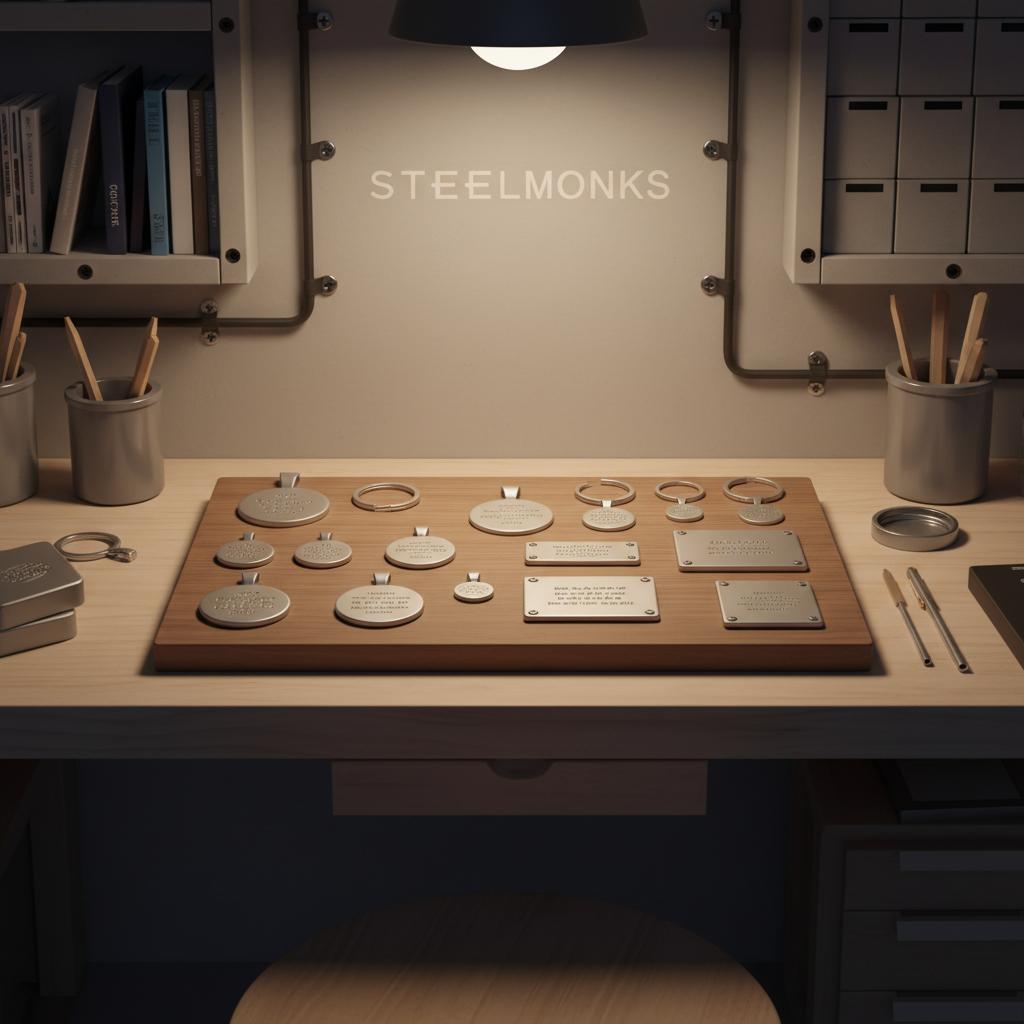 Minimalistische 2D-Vektorillustration einer Werkbank mit gravierten Metallanhängern, Schlüsselanhängern und kleinen Metalltafeln auf Holzplatte; warme industrielle Stimmung. geschenke für erzieher