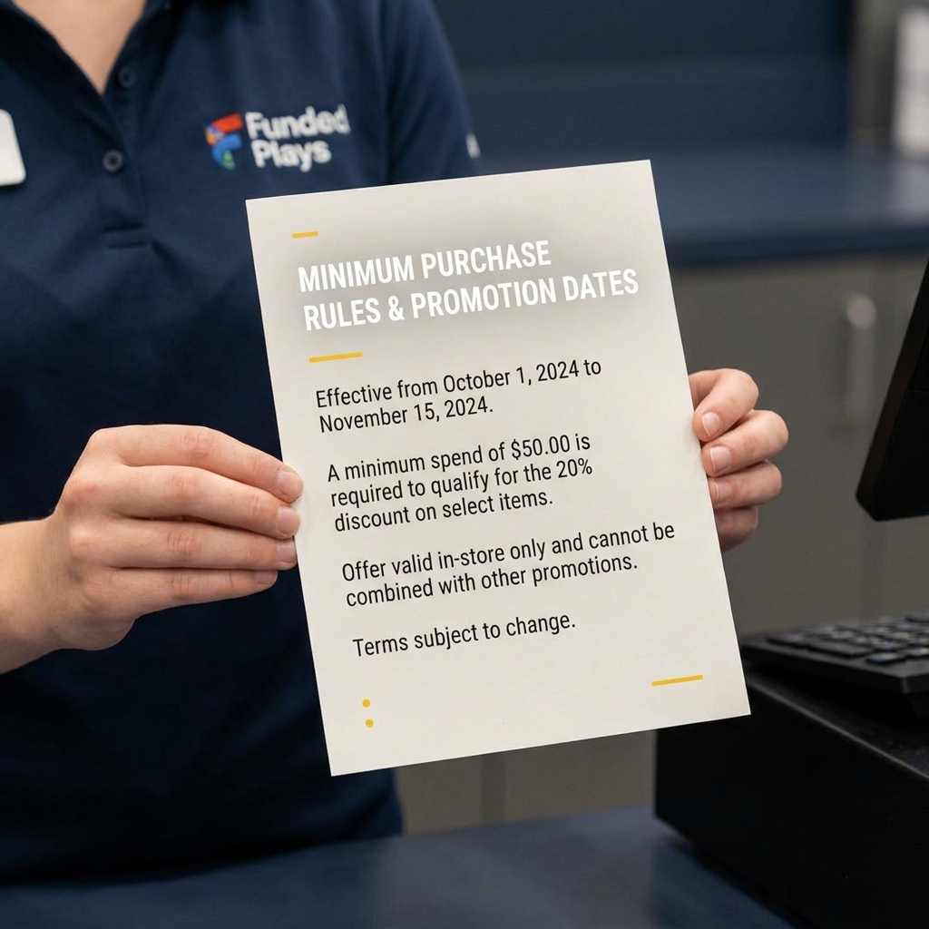 Close up of retail staff holding printed in store promotion terms sheet showing minimum purchase rules and dates for mattress mack astros bet campaign in Funded Plays brand style
