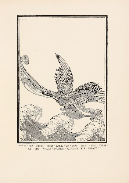 The sea green bird sank so low that the foam of the waves dashed against its bre