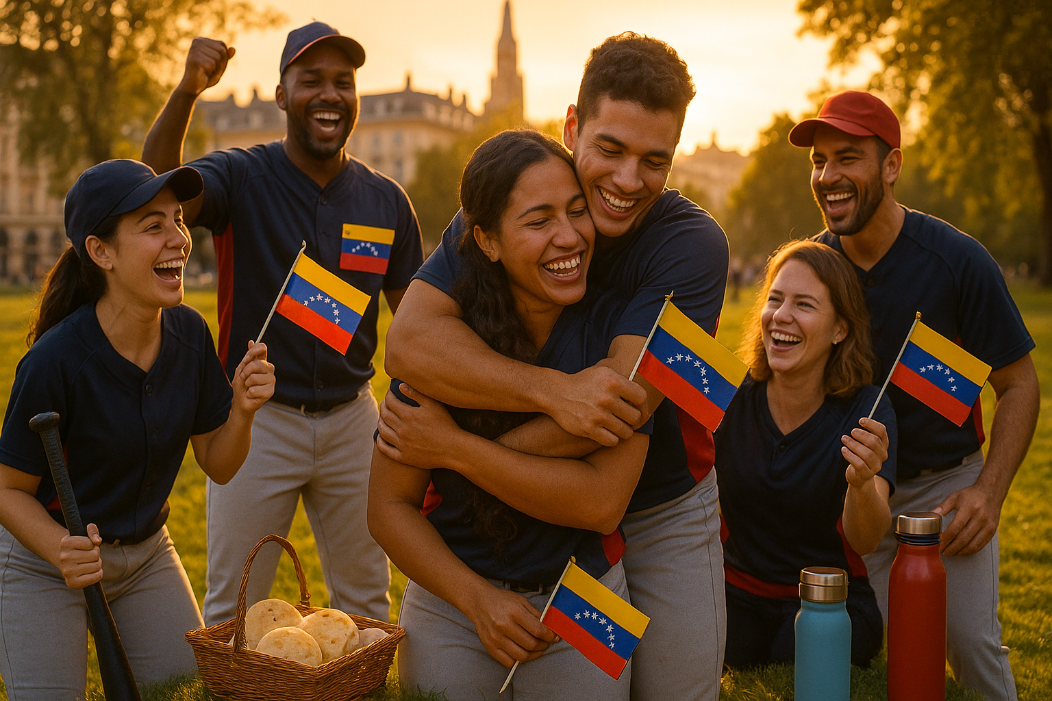 Venezolanos jugando softball en un parque urbano al atardecer, celebrando en equipo con banderas