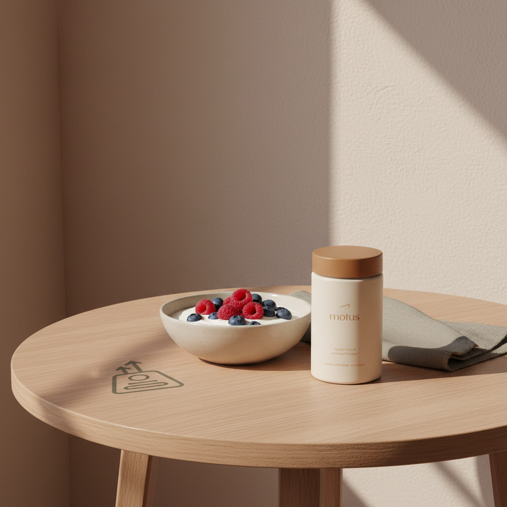 Minimalist breakfast nook with Greek yogurt and berries beside a Tonum Motus jar on a linen napkin, supportive product shot for a 2 1 2 1 meal plan.