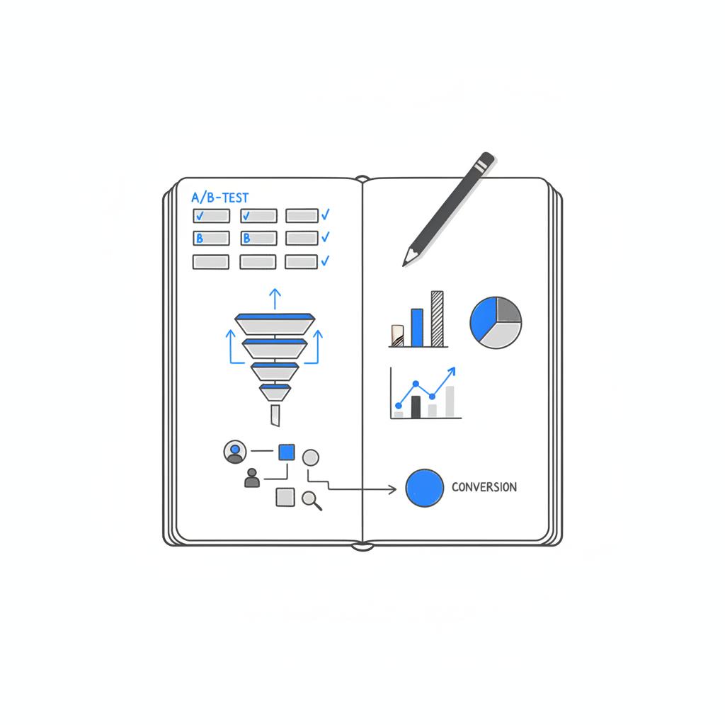 Minimal 2D vector flatlay of an open notebook with hand-drawn ad tests, conversion funnel and metric sketches in #39383f with #1a5bfb accents illustrating pay-per-click rate planning