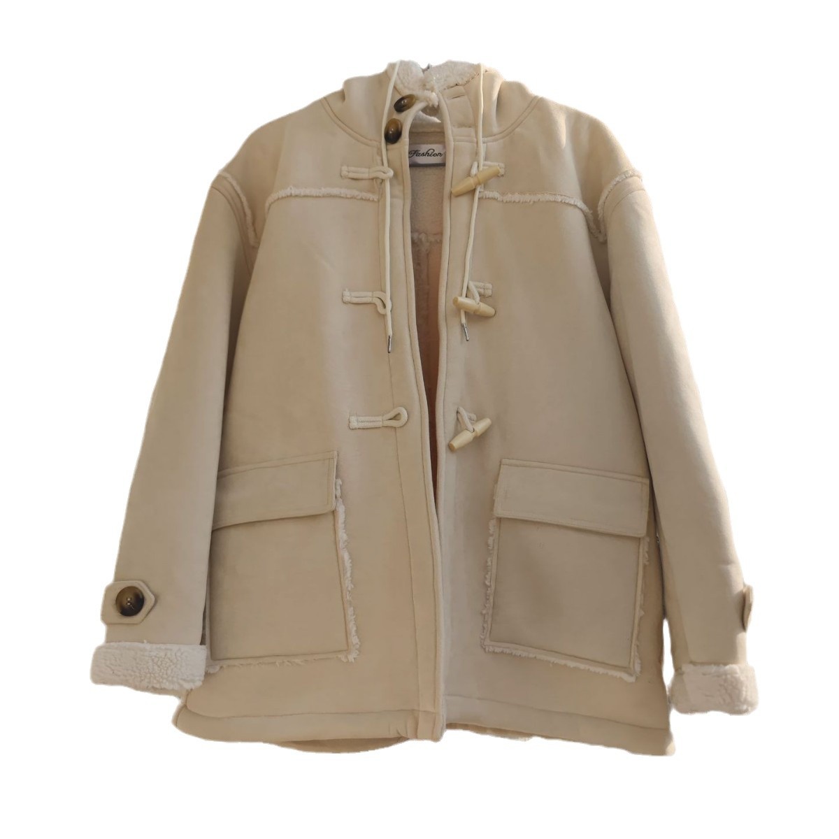 Lamb fleece coat with hood and toggle buttons