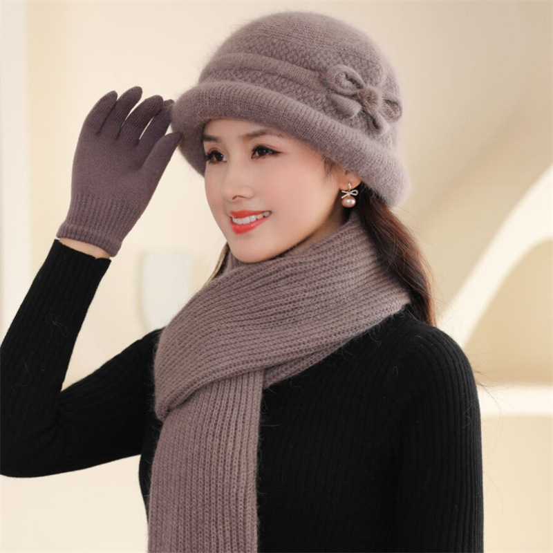Knitted hat with scarf and gloves, women's, winter