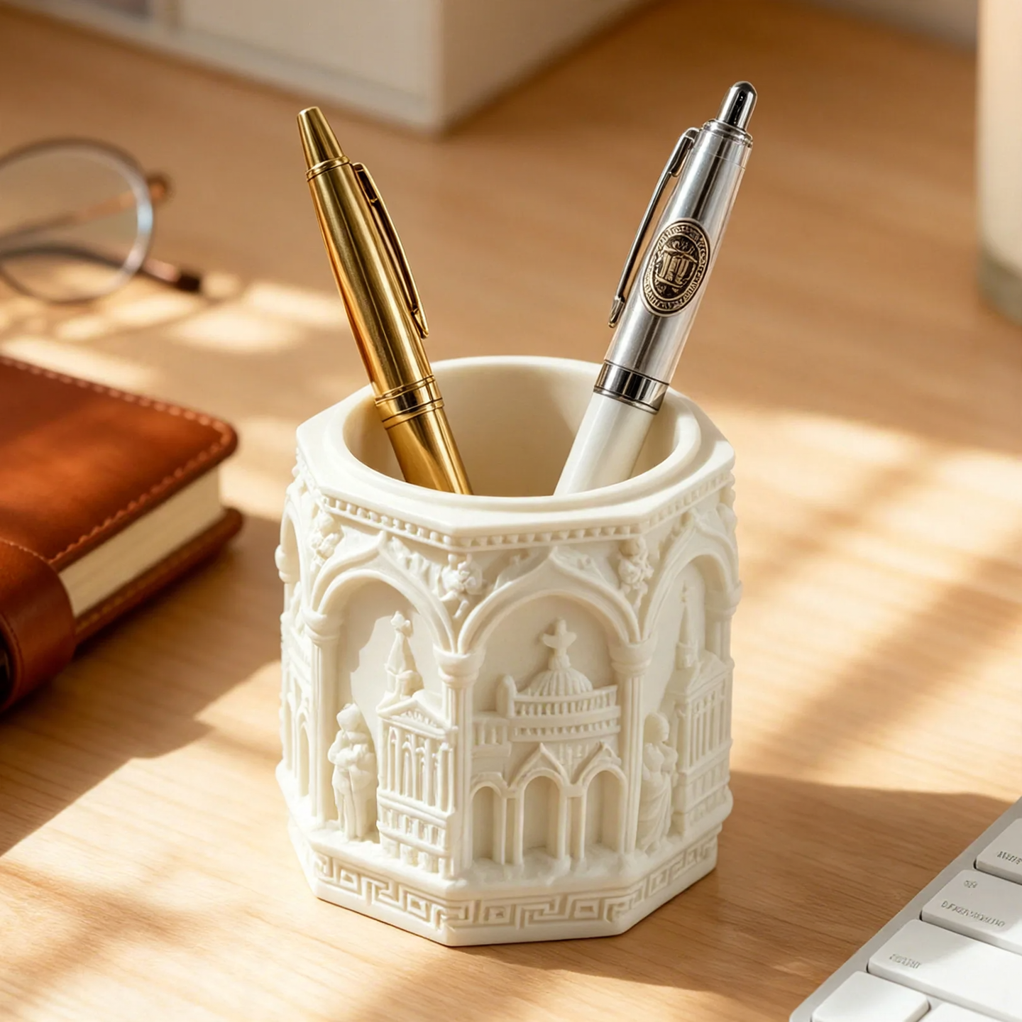 Pen holder with Roman bas-relief design