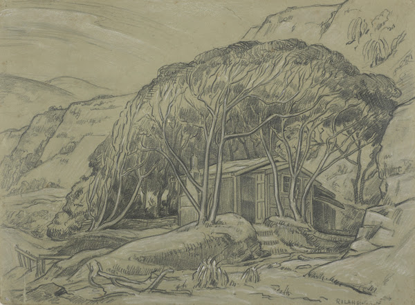 Untitled landscape with shed and trees