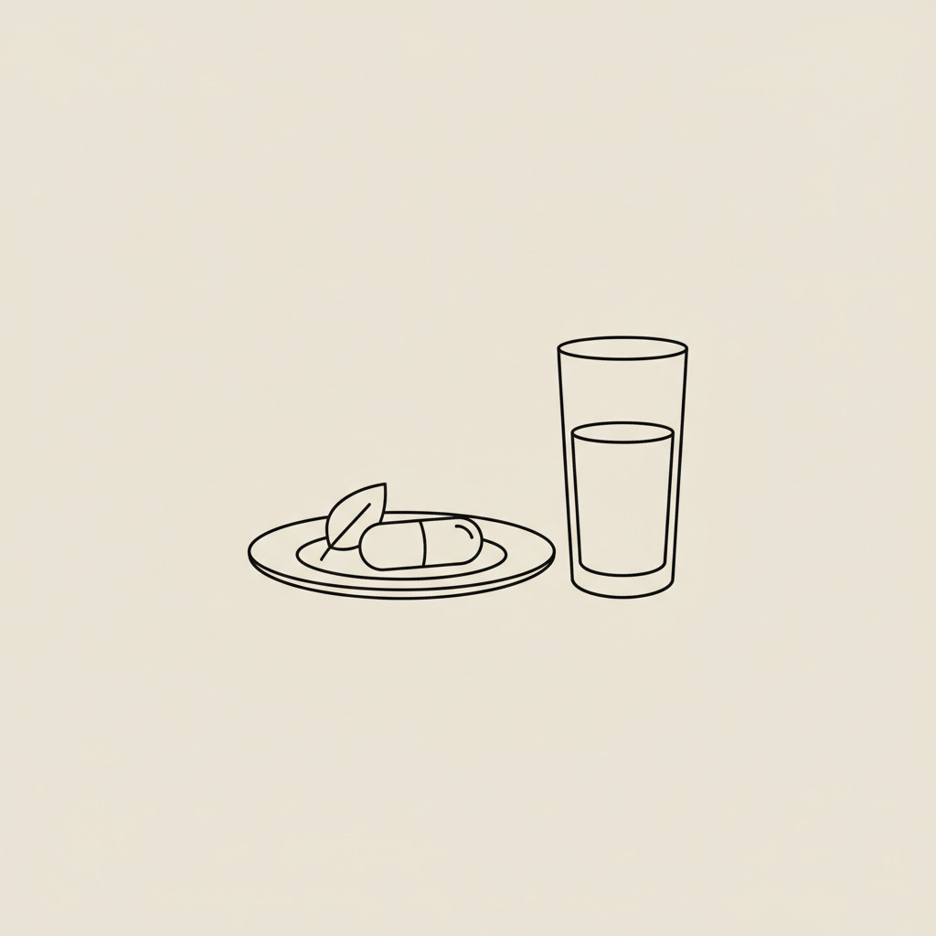 Minimalist 2D vector line illustration of a capsule on a plate with a small leaf and glass of water on a beige background — can you buy phentermine without prescription