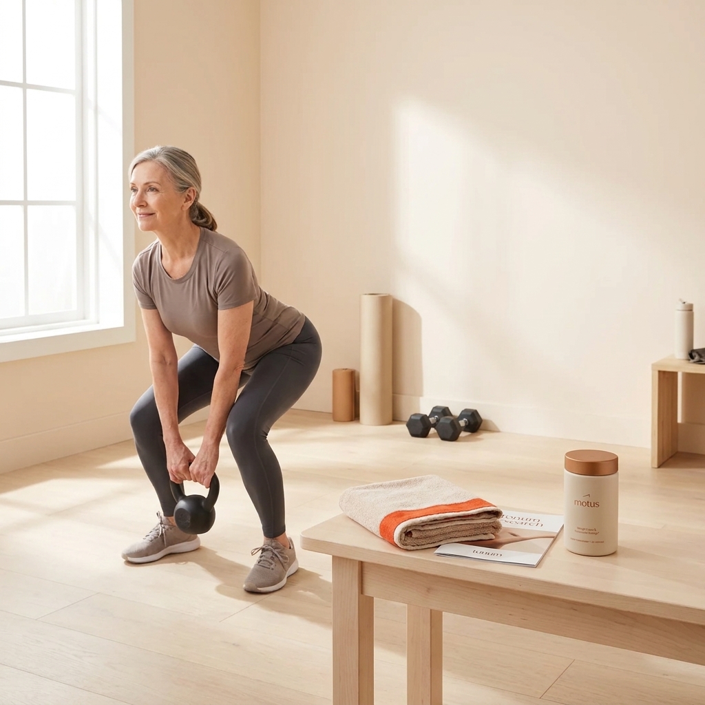 Woman in late 50s performing kettlebell deadlift in a bright home gym with Tonum supplement container and research brochure on a bench, promoting fat loss after menopause