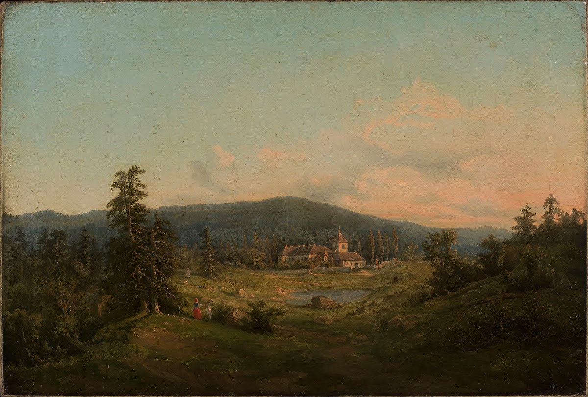 Mountain landscape with church and monastery