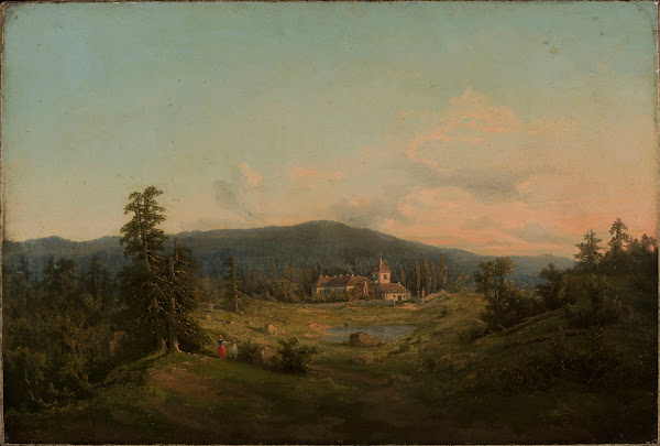 Mountain landscape with church and monastery